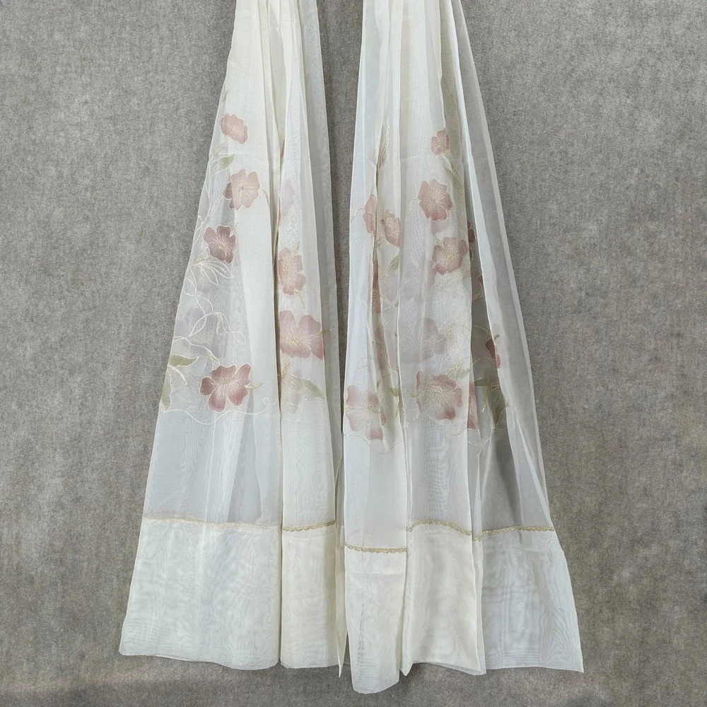 VTG 2 Sheer Floral Embroidered Curtain Panels Made in Italy Gold Metallic Trim